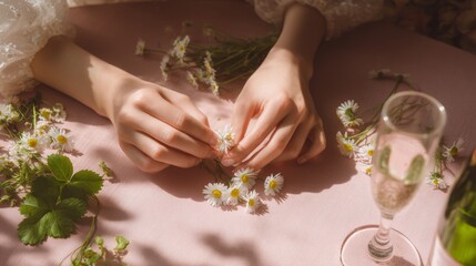 Elegant hands picking delicate white daisies on soft pink surface with wine glass, capturing feminine beauty and springtime romance