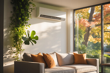 Cozy living room with fall foliage view and air conditioner