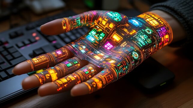 A hand overlaid with glowing, colorful electronic circuitry. - Powered by Adobe