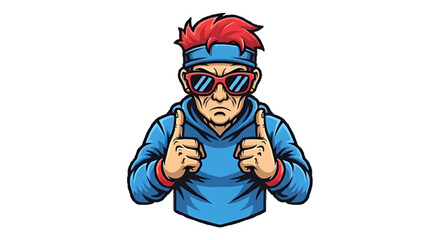 Cool cartoon mascot of a young man with spiky red hair and sunglasses, wearing a blue hoodie and giving a double thumbs up.