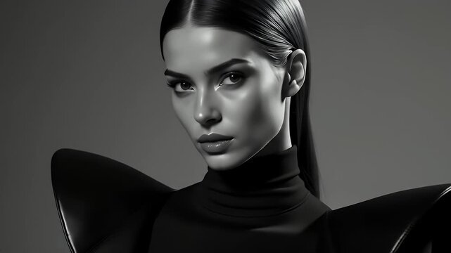 Model in exaggerated shoulder pads under hard light and deep shadows, monochrome palette. Strong editorial mood.
