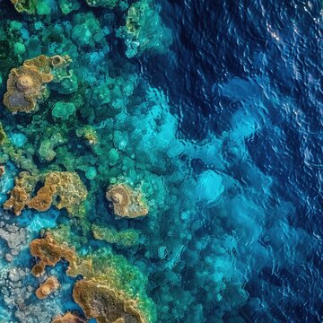 A birda??s eye view of a thriving coral reef with clear turquoise waters, showcasing the colorful diversity of marine life.
