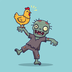 Cute Zombie holding a chicken in the hand - Cartoon illustration