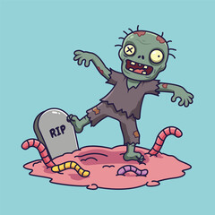 Cute Cartoon Zombie Emerging from Grave with Worms. vector illustration
