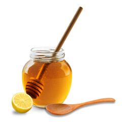 honey jar with lemon and wooden spoon on white background.
