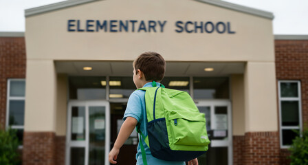 Child boy with backpack going on pathway to elementary school building for first day of class scene. Schoolboy moving to building school. Education concept footage, back to school
