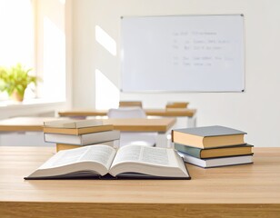 "Educational Workspace with Books and Whiteboard