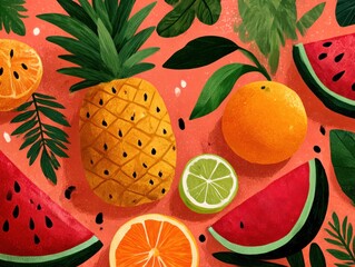 Colorful fruit arrangement on a coral background