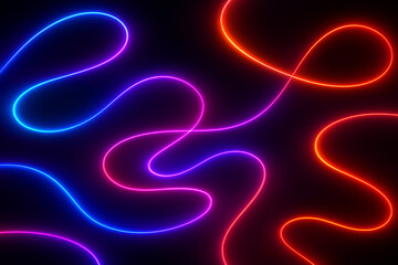 This image displays vibrant, glowing neon lines in blue, pink, and orange, intricately swirling and overlapping against a dark background, creating an abstract and dynamic visual.
