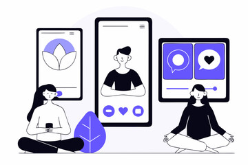 People meditating and using smartphones showing social media content isolated on white background