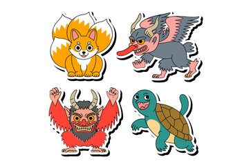 Mythical Japan creature icon pack, folklore animal sticker collection, unique vector illustration for creative projects