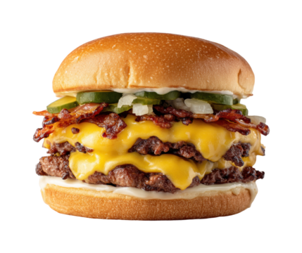 Delicious cheddar bacon burger fast food restaurant food isolated on transparent background, png