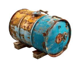 Rusty blue barrel in industrial focused on texture and detail isolated on transparent background, png