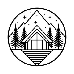 Minimalist Mountain Cabin and Pine Trees Emblem.
