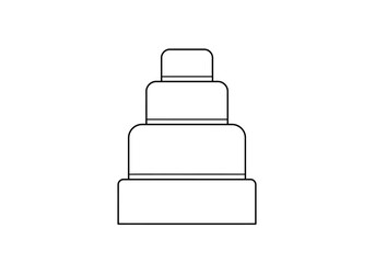 4 layer cake drawing. It is a black and white outline of a four-layer cake or tiered dessert, presenting a simple, minimal design. Vector sketch line art draw.