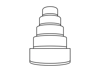 5 layer cake drawing. It is a black and white outline of a five-layer cake or tiered dessert, presenting a simple, minimal design. Vector sketch line art draw.