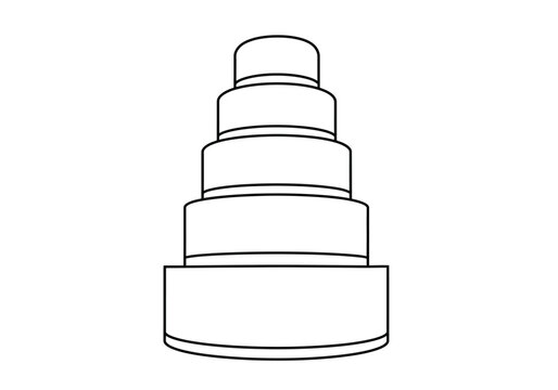 5 layer cake drawing. It is a black and white outline of a five-layer cake or tiered dessert, presenting a simple, minimal design. Vector sketch line art draw.