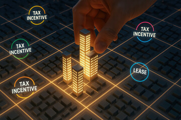 Real estate investment concept with illuminated building models on city grid and hand placing one, tax incentive and lease icons around, financial growth idea