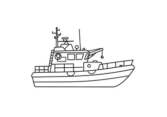 Fototapeta premium Rescue boat drawing. It is a black and white outline of a rescue boat or vessel, equipped for emergency and search operations on water. Vector sketch line art draw.
