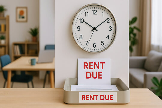Rent due notice card with red text placed in tray under wall clock showing time in modern living room with furniture and plants, conveying urgency and responsibility