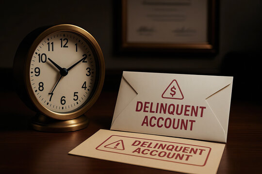 Delinquent account envelopes with warning symbols placed on wooden surface next to vintage clock showing time, symbolizing financial urgency and overdue payments