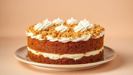 A delicious two layer cake with white frosting and crumble topping on a white plate against a peach background