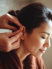 Fototapeta premium Asian woman receiving a relaxing ear massage in a spa setting. Close-up of therapist’s fingers gently touching outer ear.