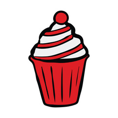Cartoon Red Cupcake with Swirled White Frosting and Cherry.