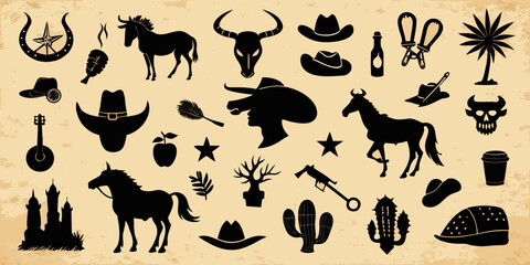 Fototapeta premium Collection of western and cowboy themed silhouettes on a textured background
