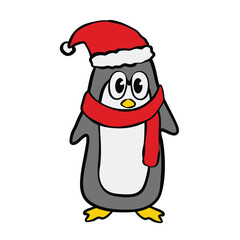 Cute Cartoon Penguin Wearing Santa Hat and Scarf.