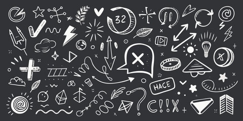 Doodle collection of symbols and icons on a chalkboard background