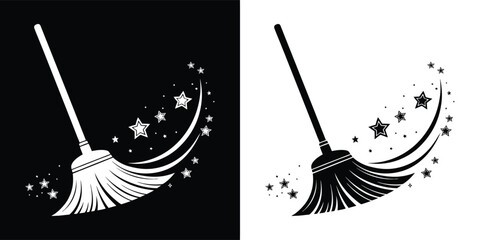 A magical broom sweeping stars and sparkles in a dynamic black and white graphic illustration, symbolizing cleanliness and enchantment