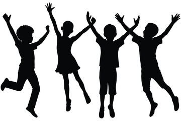 Black Silhouette of Four Children Jumping with Joy and Raised Arms on a White Background