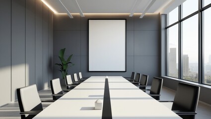 Modern conference room with large blank screen.