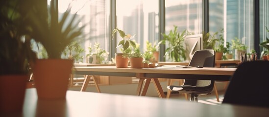 Fototapeta premium An office space is filled with natural light and plants. Desks run along a large window where cityscape views are visible.