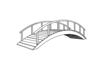 Wooden bridge drawing. It is a black and white outline of a wooden bridge or garden archway, showing its planks and railings. Vector sketch line art draw.