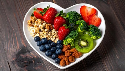 A heart-shaped bowl filled with nutritious superfoods like berries, broccoli, and nuts, representing a concept of healthy eating and heart care.