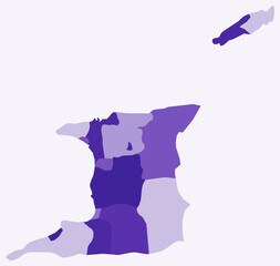 Map of Trinidad and Tobago with regions. Just a simple country border map with region division. Deep purple color palette. Plain Trinidad and Tobago shape with administrative division.