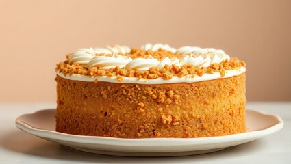 A delicious looking cake with white frosting and caramel bits on a white plate against a peach background