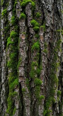 Detailed tree bark texture with green moss growing on it in the forest