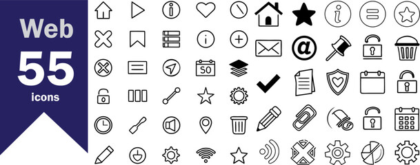 Web Icon Set. Containing menu, search, upload, download, link, refresh, home, user, settings, trash and more. Editable line icons. Vector illustration