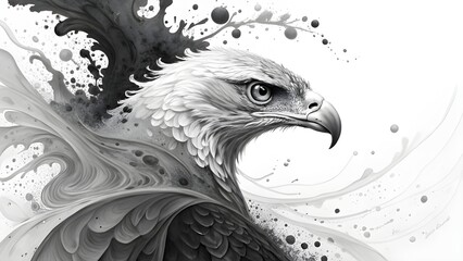 Fototapeta premium Majestic bald eagle head in dynamic black and white watercolor splash art