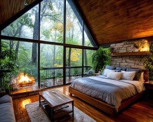 Cozy cabin bedroom with fireplace and rainforest view