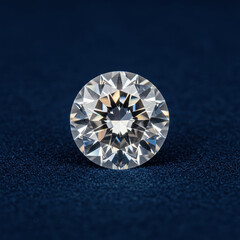 Macro studio shot of solitaire diamond round cut gemstone sparkling with intricate facets on dark blue textured surface, showcasing brilliance and clarity