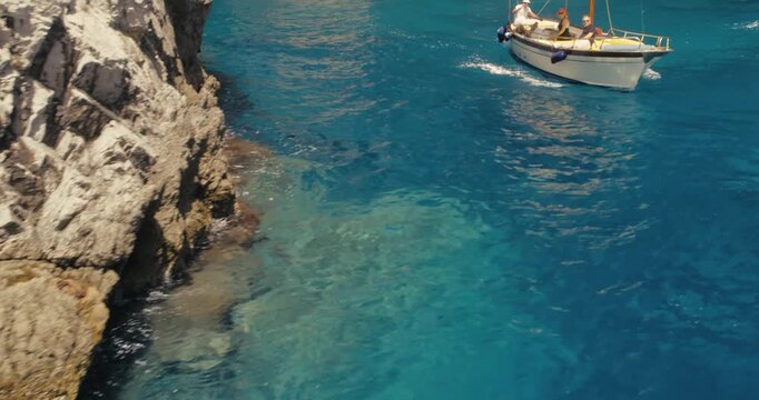 Beautiful scenic view Amalfi coast nature trees blue water coastline boats panorama summer time tourism