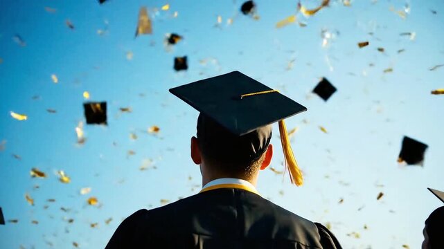 Rear View of a Graduate Watching Mortarboards Fly. Looking Forward: A Graduate in Cap and Gown.