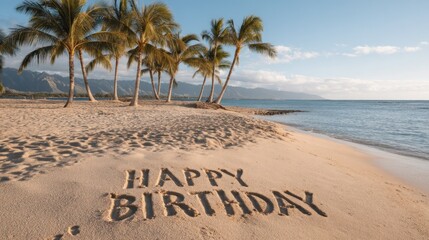 Tropical Beach Birthday Celebration: Happy Birthday Message in the Sand with Palms