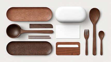 Overhead view of wooden diningware and branding items