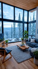Cozy winter living room with mountain views