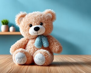 Obraz premium Teddy bear sitting on wooden floor